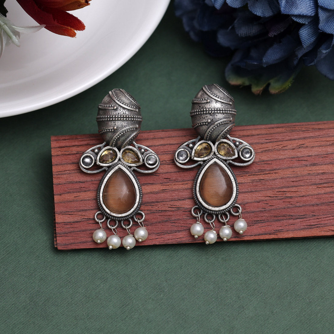 Peach Color Oxidised Earrings (GSE2934PCH)
