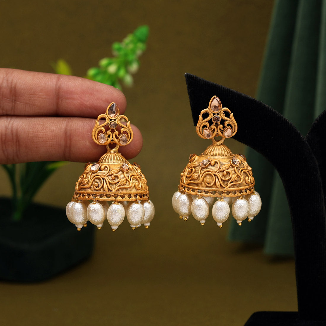 Gold Color Big Size Jhumka Brass Matte Gold (MGE255GLD)