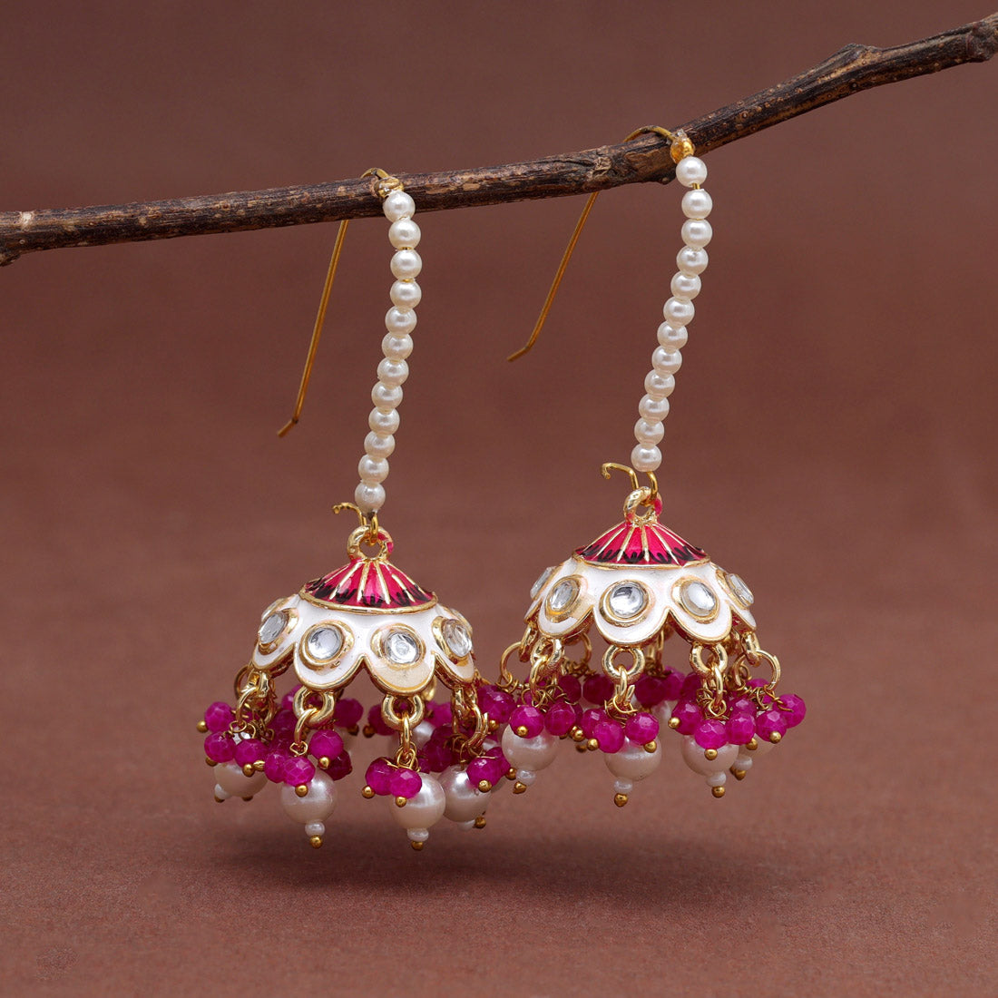White and Pink Color Meenakari Earrings (MKE1988WHT)