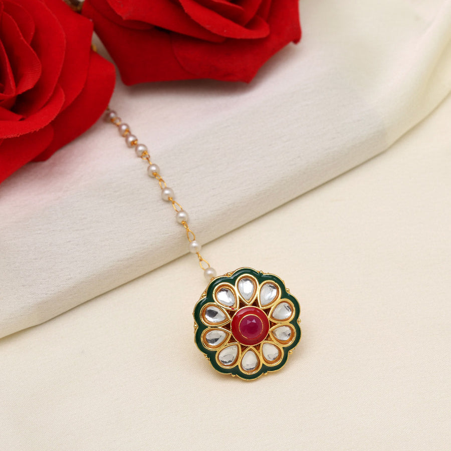Maroon & Green Color Kundan Meena Borla Tikka (MTK547MG)