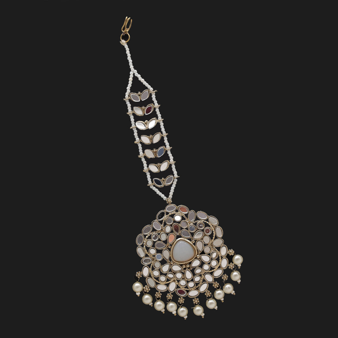 White Color Mirror Kundan Earrings With Maang Tikka (MTKE471WHT)