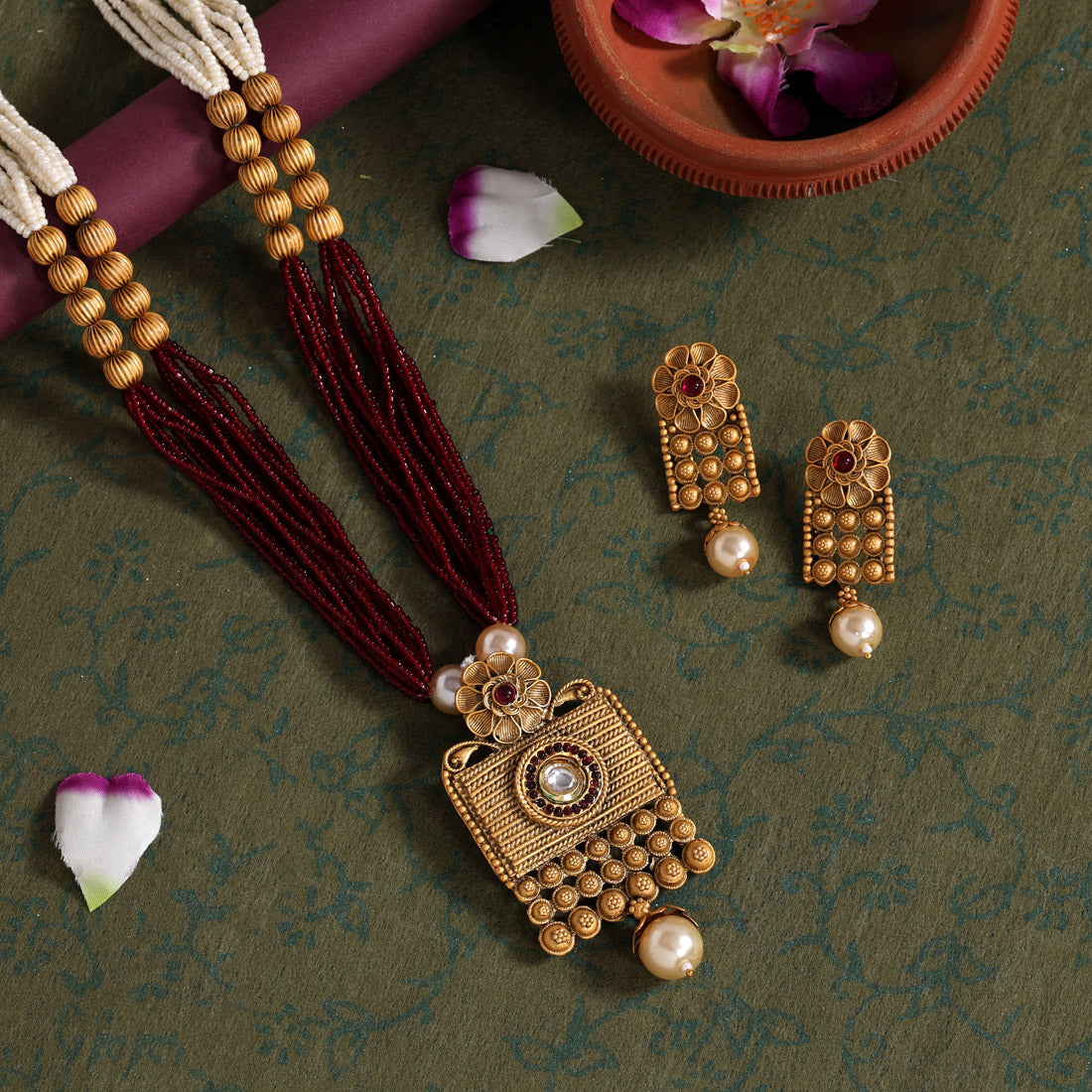 Maroon Color Long Matte Gold Temple Necklace Set (TPLN551MRN)