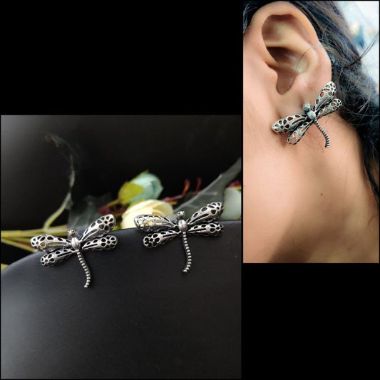 Oxidised Silver Plated Dragon Fly Earrings (DEU5041I50325)