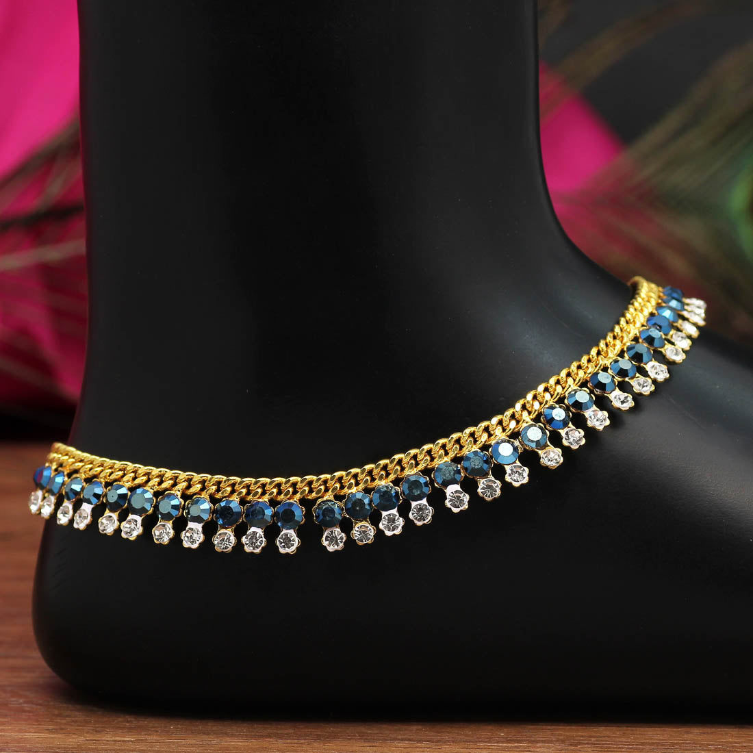 Teal Blue Color Diamond Rhinestone Anklets (ANK948TBLU)