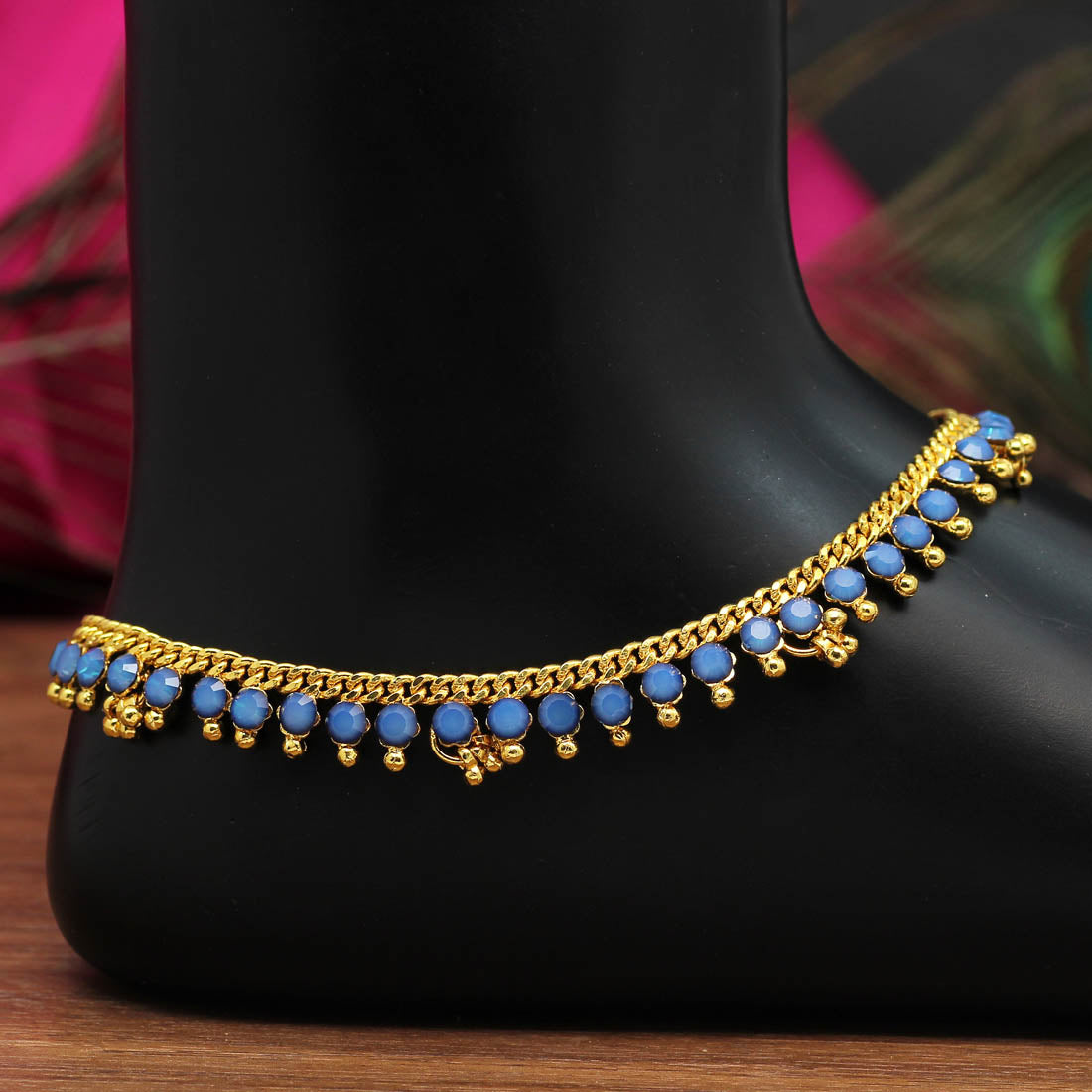 Gold Color Diamond Rhinestone Anklets (ANK962BLU)