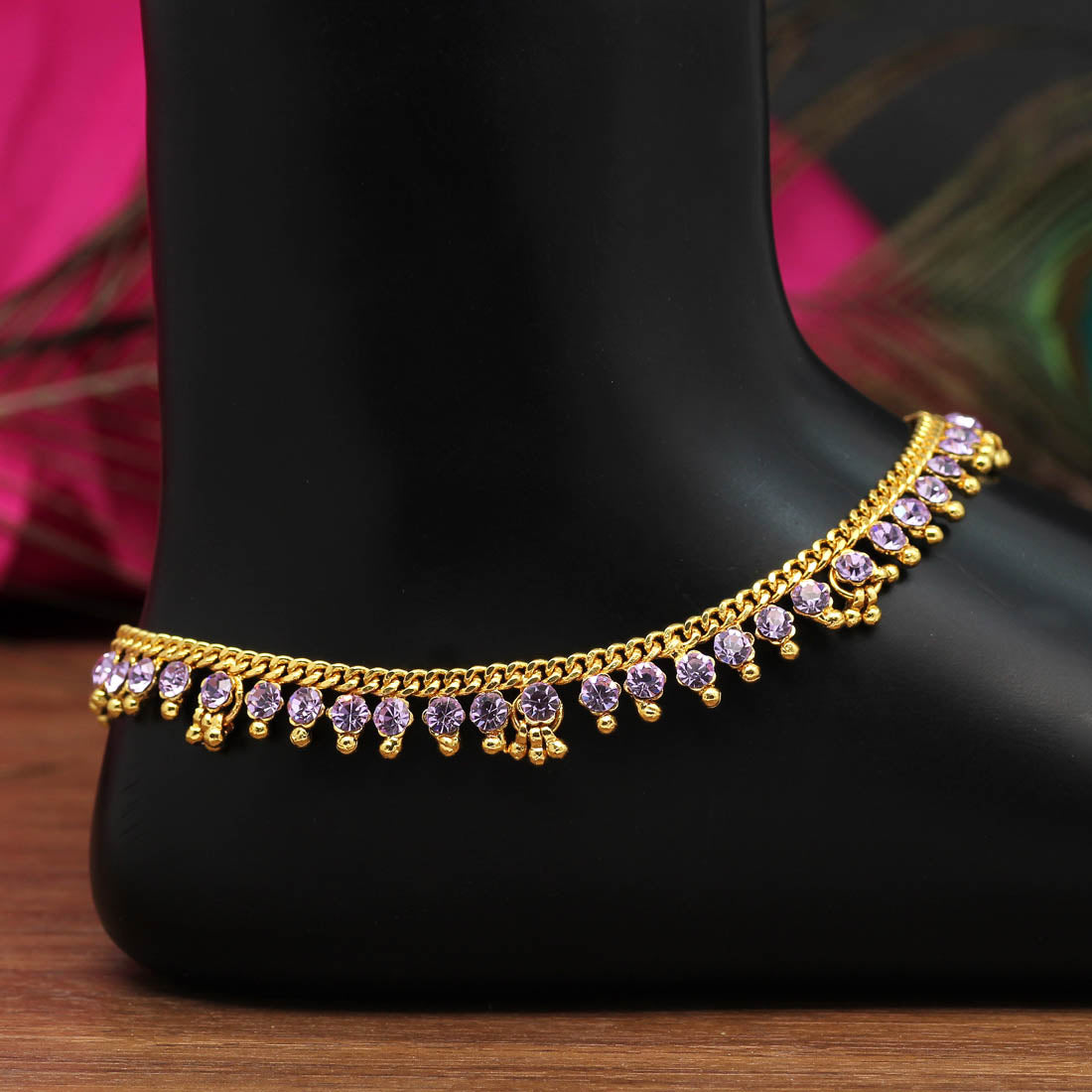 Golden-Purple Color Diamond Rhinestone Anklets (ANK962SBLU)