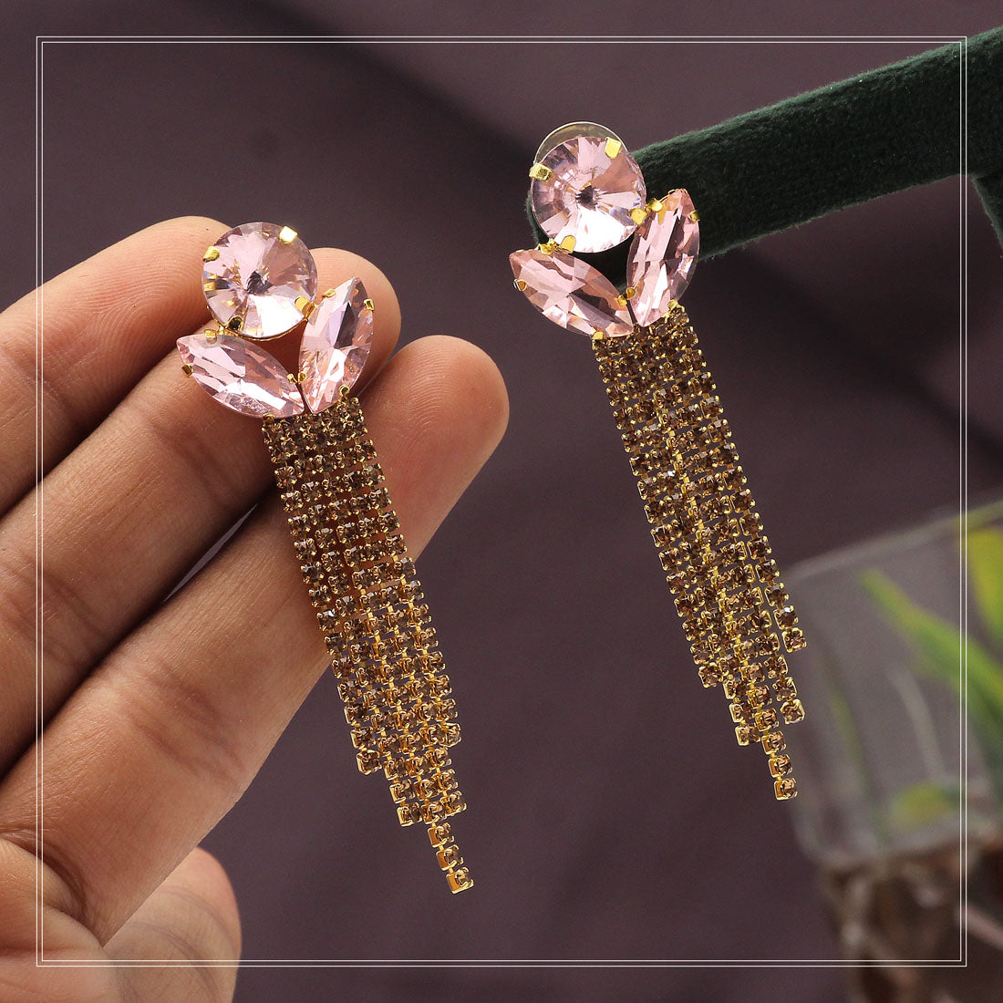 Pink Color Antique Rivoli Diamond Stone Earrings (ANTE1641PNK)