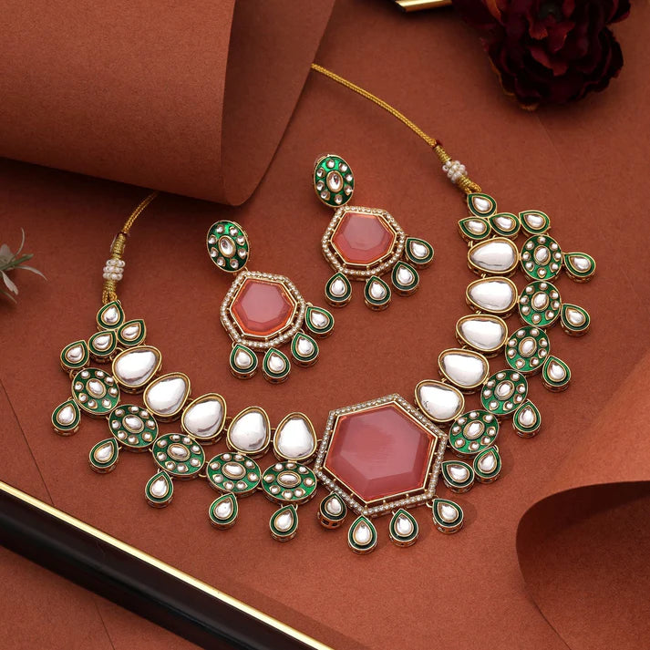 Gorgeous Pink Color Kundan Necklace Set With Antique Gold Finish  FNKN110PNK