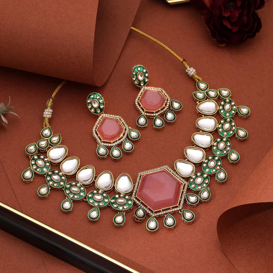 Gorgeous Pink Color Kundan Necklace Set With Antique Gold Finish  FNKN110PNK