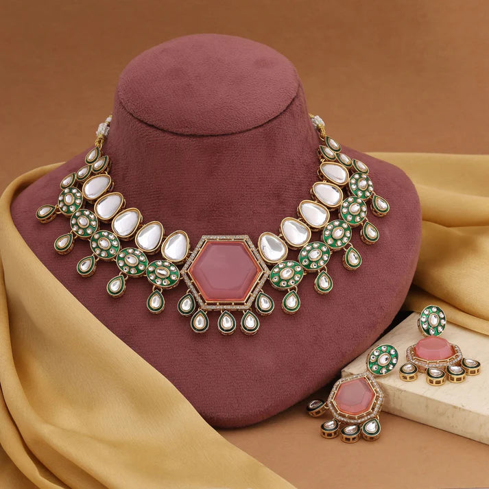 Gorgeous Pink Color Kundan Necklace Set With Antique Gold Finish  FNKN110PNK