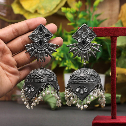 Black Silver Color Mirror Work Oxidised Big Jhumka Earrings (GSE2280BLK)