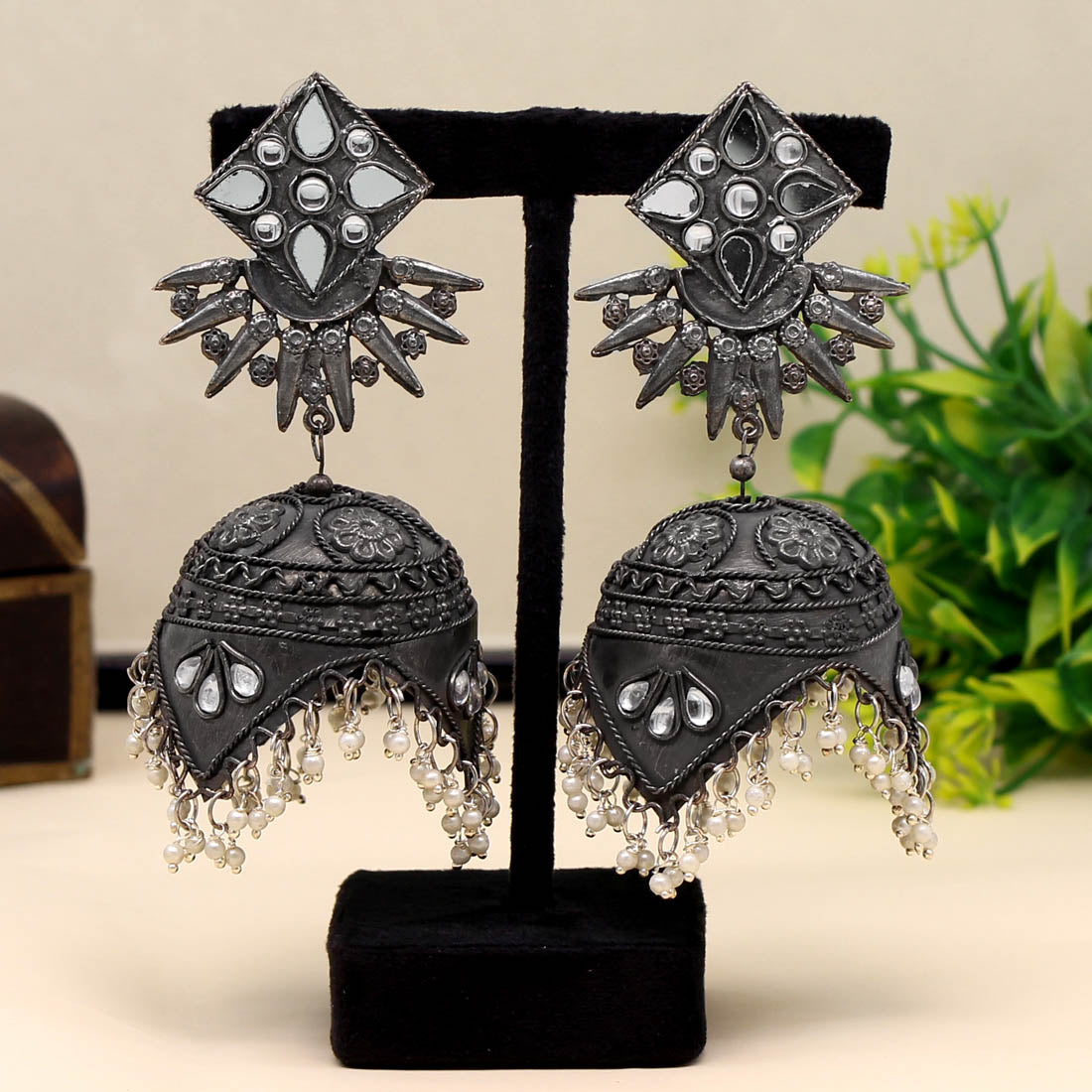 Black Silver Color Mirror Work Oxidised Big Jhumka Earrings (GSE2280BLK)