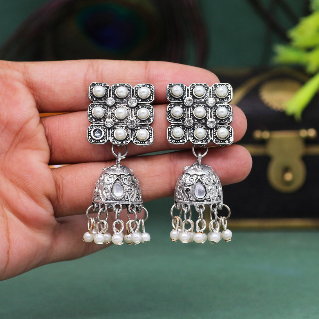 Silver Color Glass Stone Oxidised Earrings (GSE2425SLV)