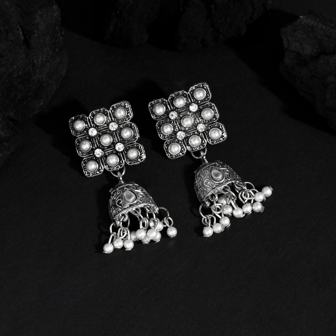 Silver Color Glass Stone Oxidised Earrings (GSE2425SLV)