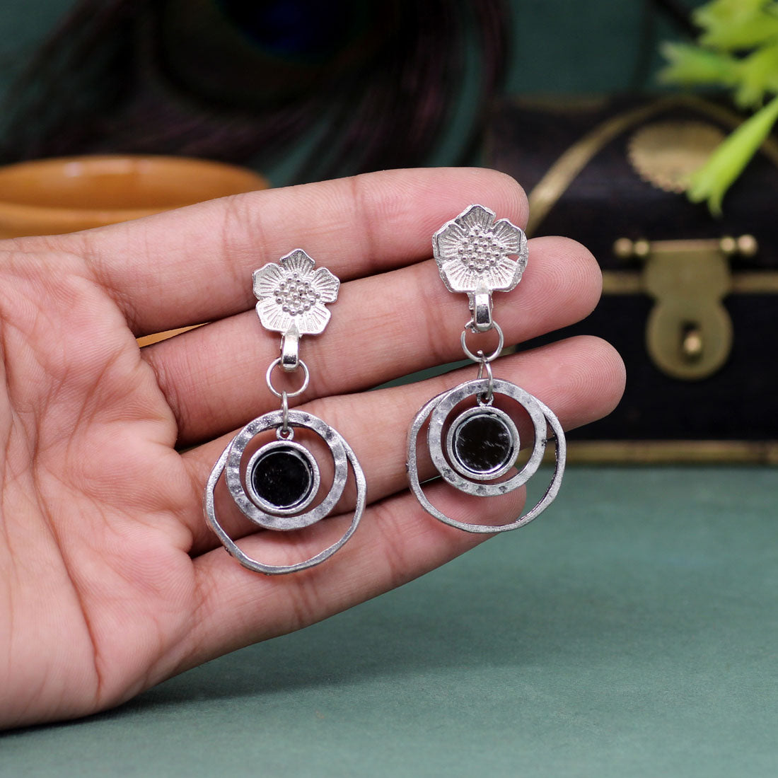 Silver Color Mirror Work Oxidised Earrings (GSE2431SLV)