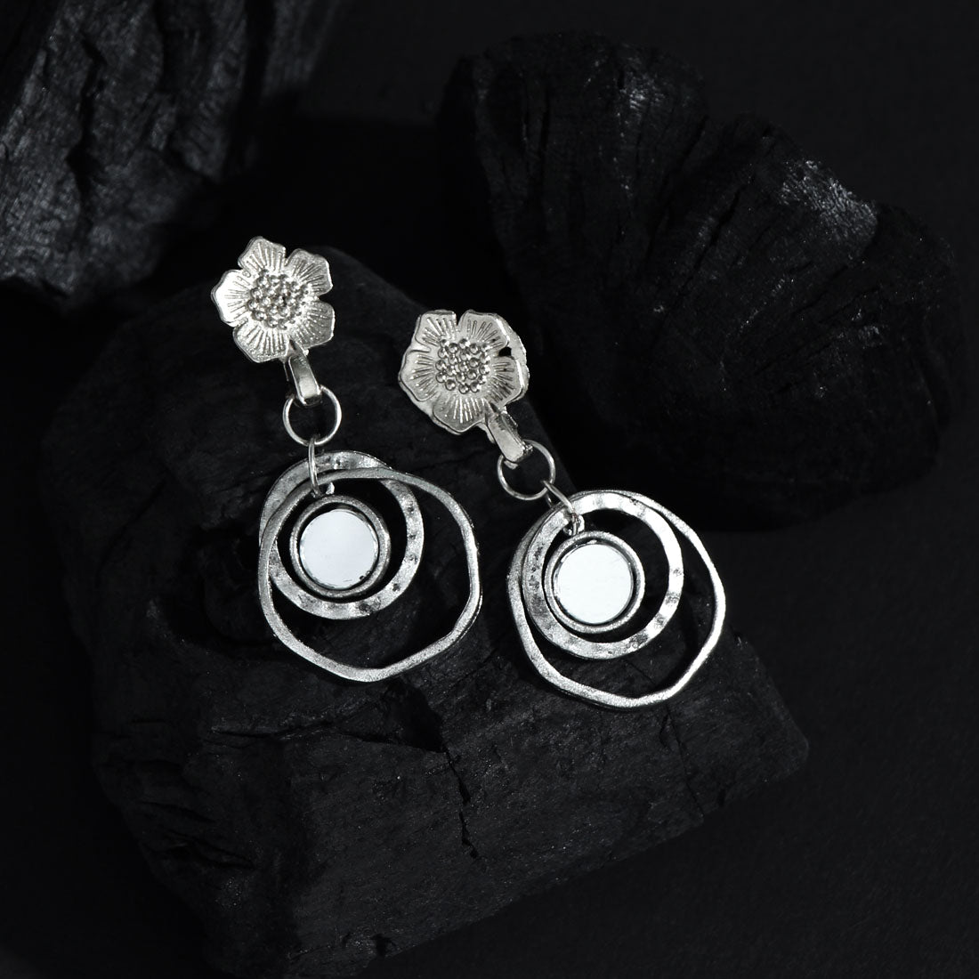 Silver Color Mirror Work Oxidised Earrings (GSE2431SLV)