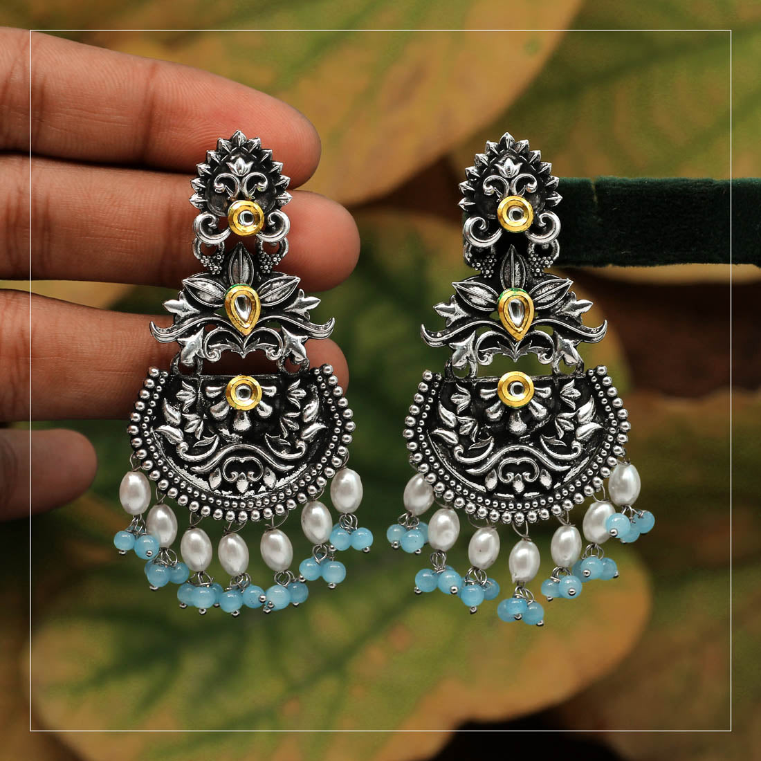 Sky Blue Color Stone Oxidised Dual Tone Earrings (GSE2571SBLU)