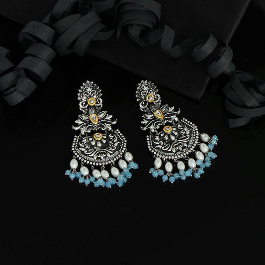 Sky Blue Color Stone Oxidised Dual Tone Earrings (GSE2571SBLU)