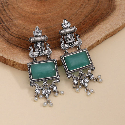 Pista Green Color Monalisa Stone Oxidised Earrings (GSE2836PGRN)