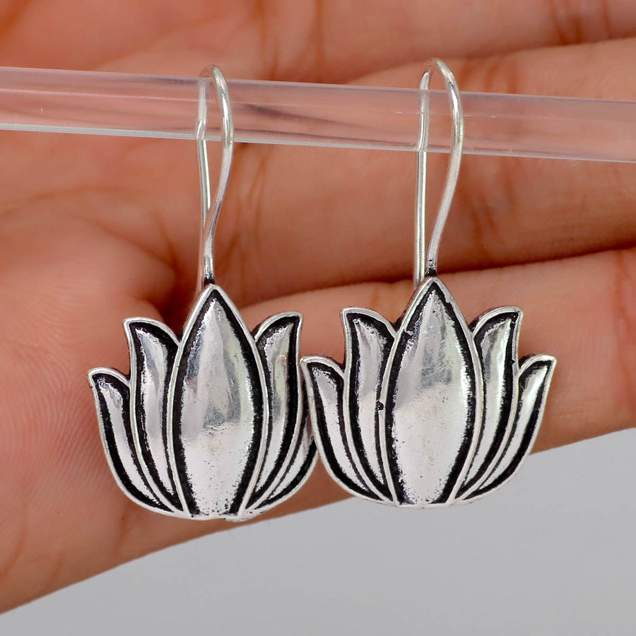 Lotus Oxidised Silver Plated Stud Dangler Earrings (GSE472SLV)