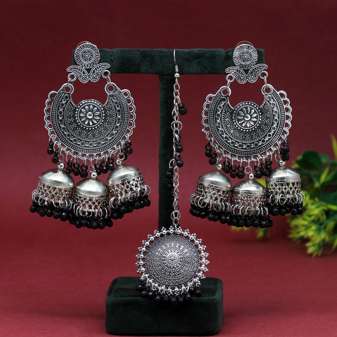 Black Color Oxidised Earrings & Maang Tikka Set (GSMTE101BLK)