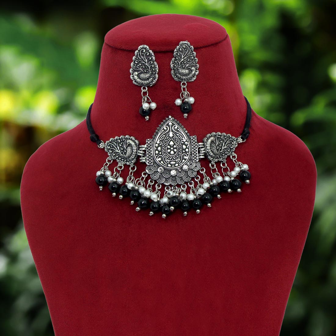 Black Color Choker Oxidised Necklace Set (GSN1628BLK)