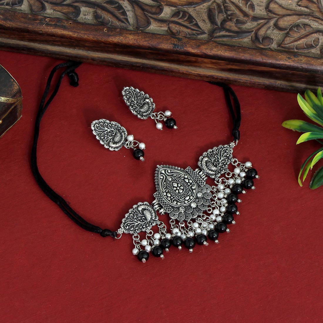 Black Color Choker Oxidised Necklace Set (GSN1628BLK)