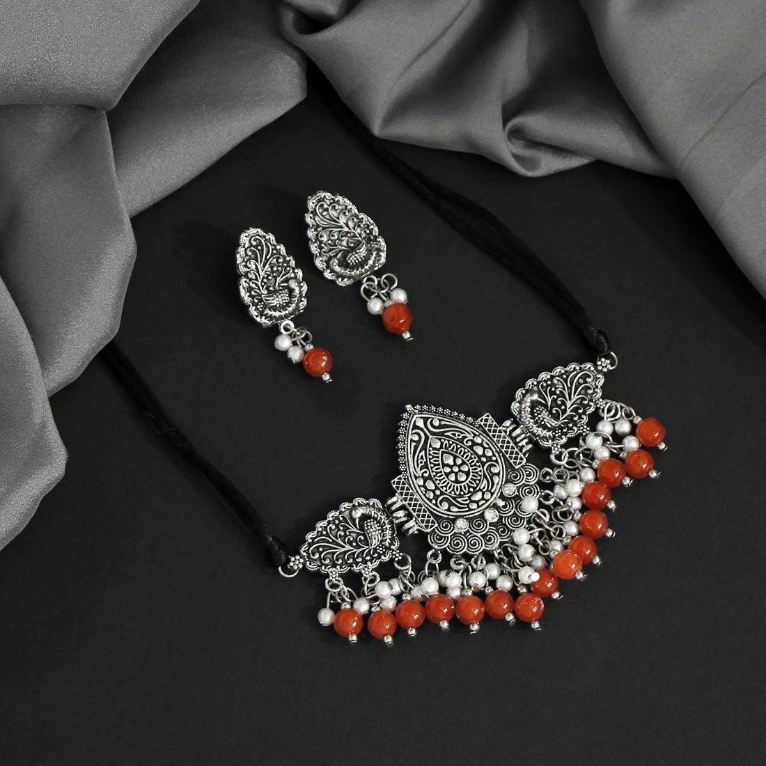 Orange Color Choker Oxidised Necklace Set (GSN1628ORG)