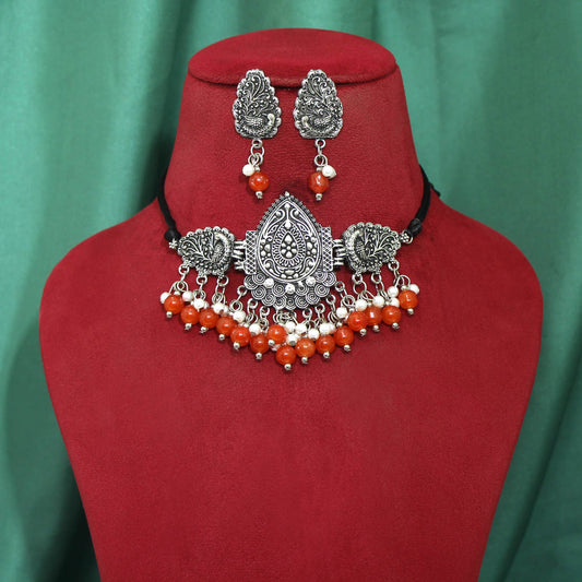 Orange Color Choker Oxidised Necklace Set (GSN1628ORG)