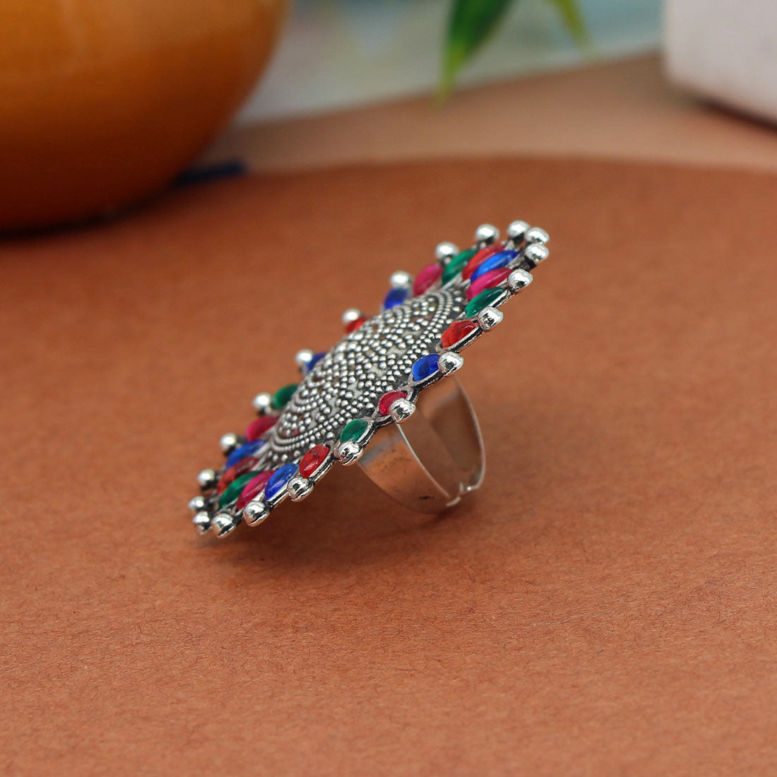 Multi Color Glass Stone Oxidised Ring (GSR486MLT)