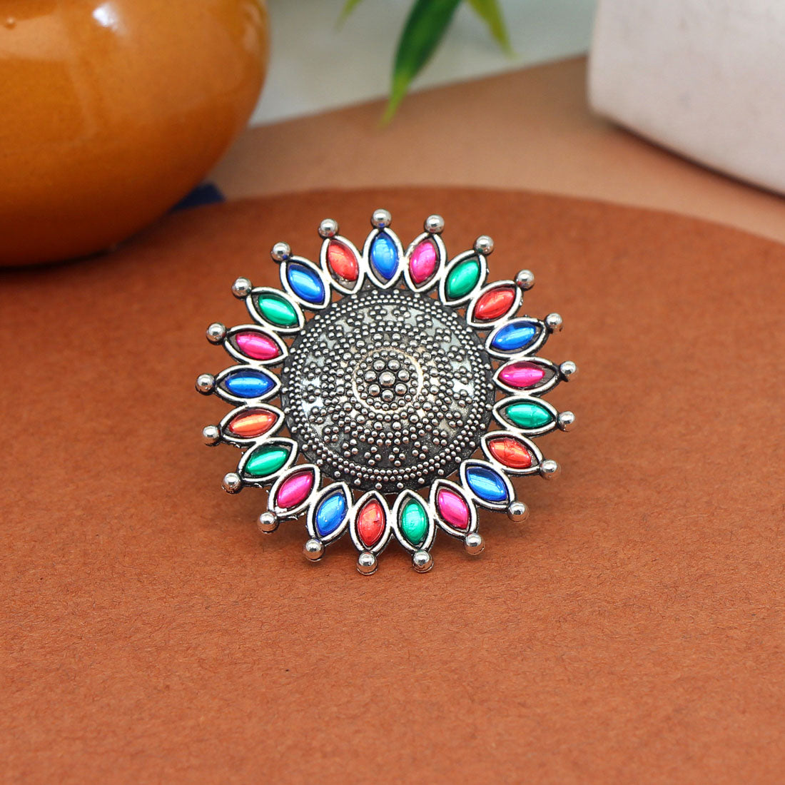 Multi Color Glass Stone Oxidised Ring (GSR486MLT)