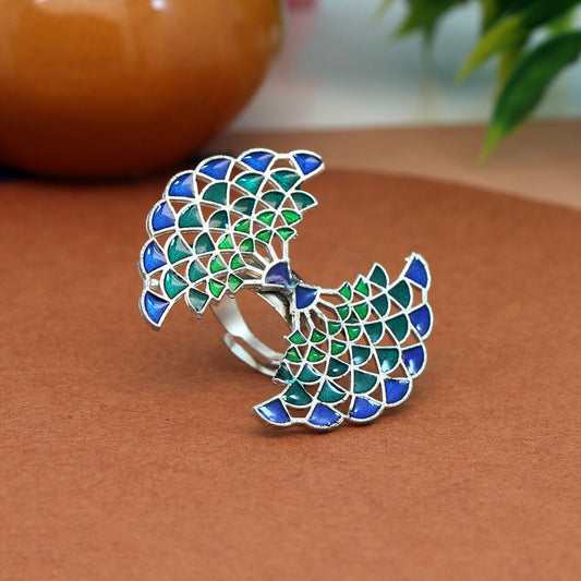 Blue & Green Color Meenakari Work Oxidised Ring (GSR488BLUGRN)