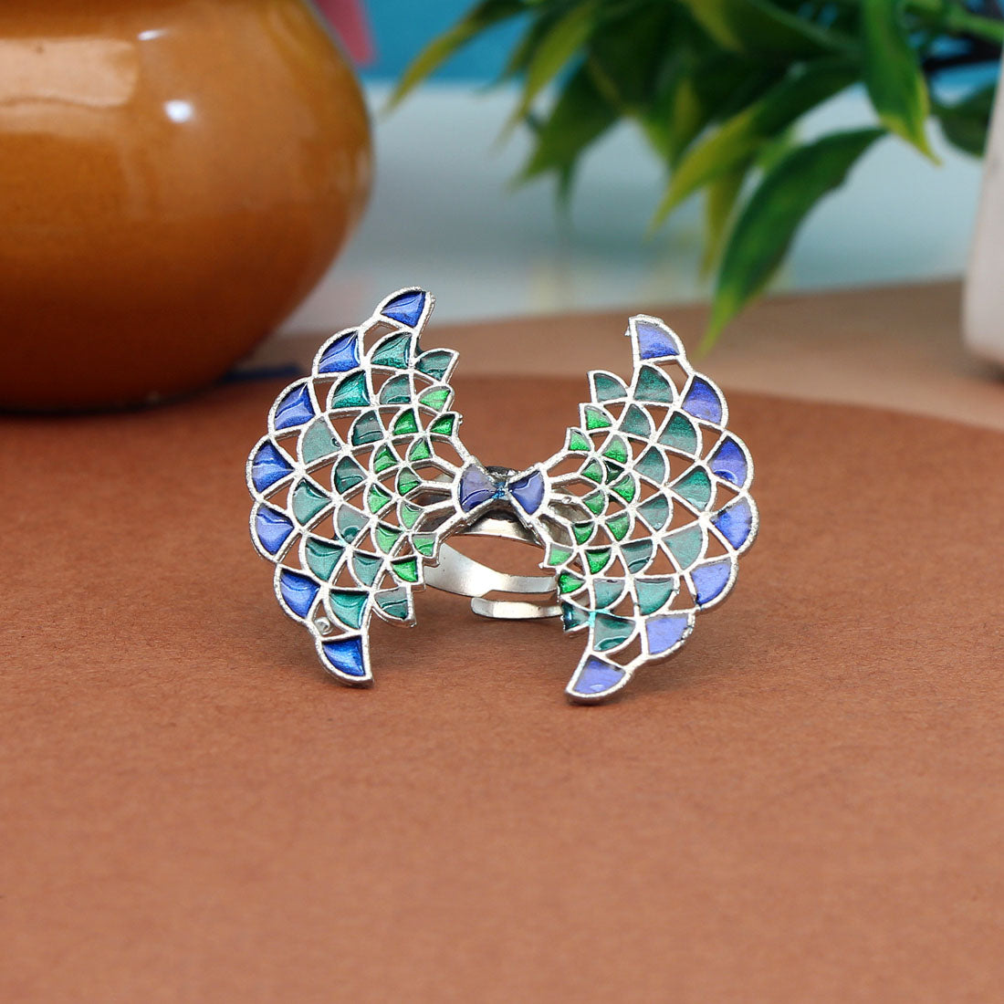 Blue & Green Color Meenakari Work Oxidised Ring (GSR488BLUGRN)