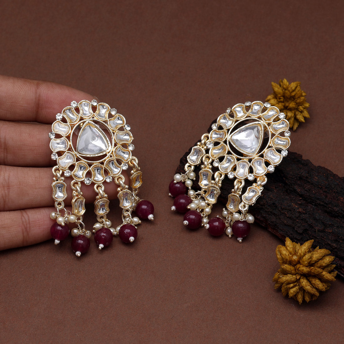 Maroon Color Kundan Earrings (KDE802MRN)