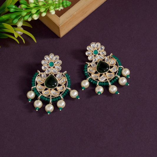 Green Color Kundan Earrings (KDE807GRN)