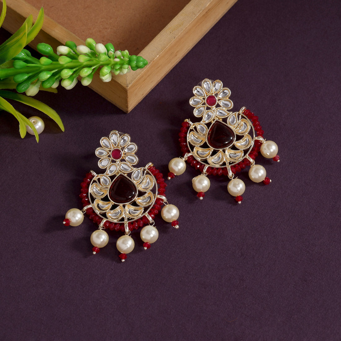 Maroon Color Kundan Earrings (KDE807MRN)