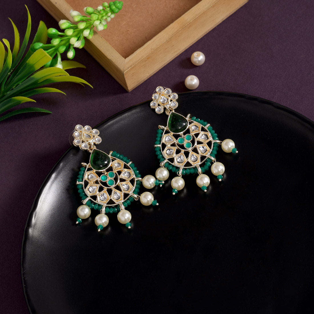 Green Color Kundan Earrings (KDE808GRN)