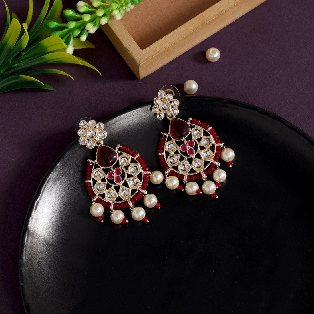 Maroon Color Kundan Earrings (KDE808MRN)