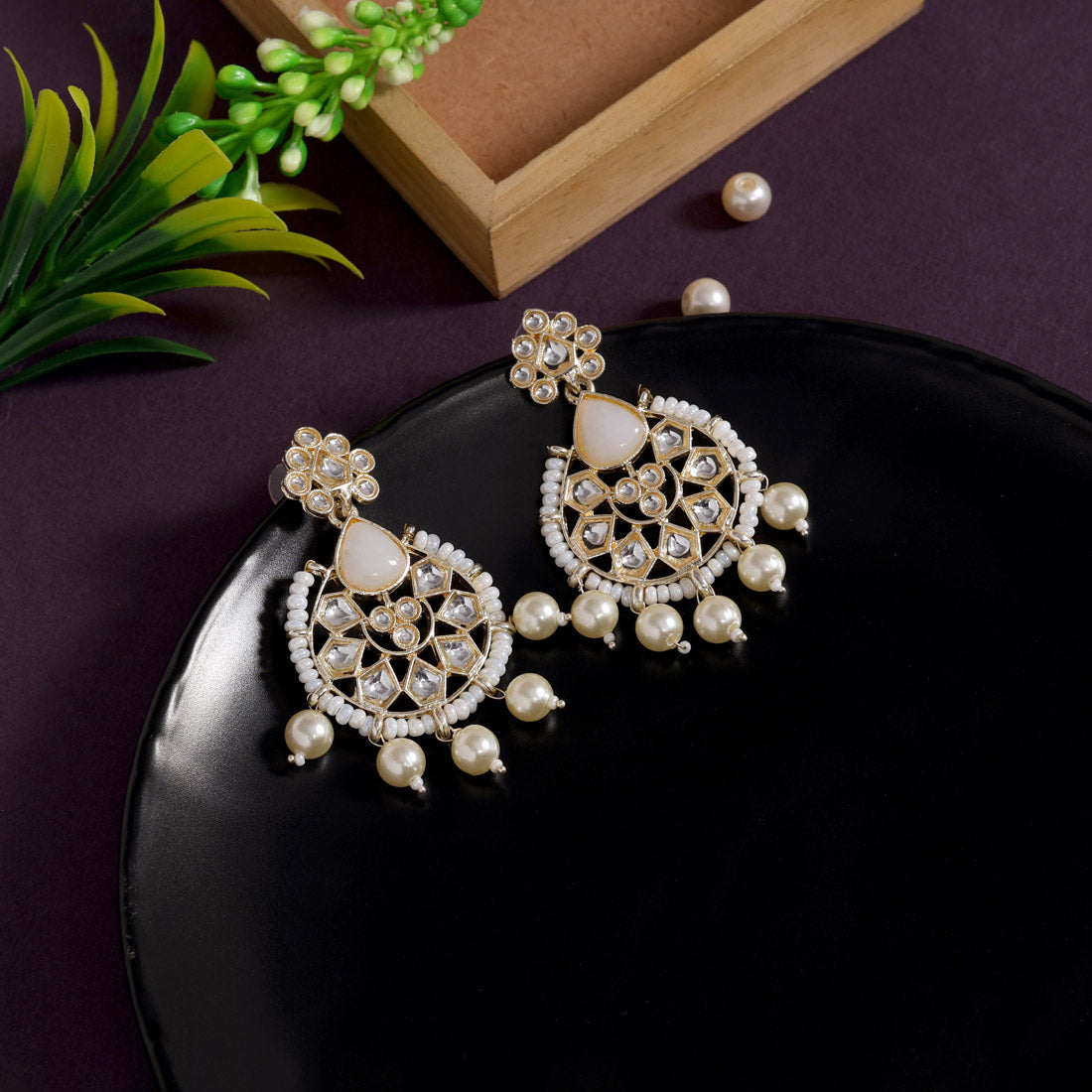 White Color Kundan Earrings (KDE808WHT)