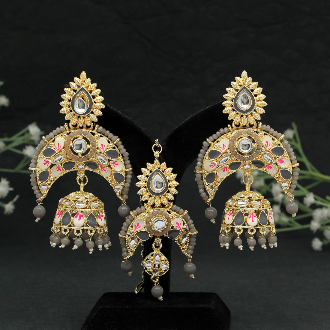 Gray Color Kundan Meenakari Earrings With Maang Tikka (KDTE473GRY)