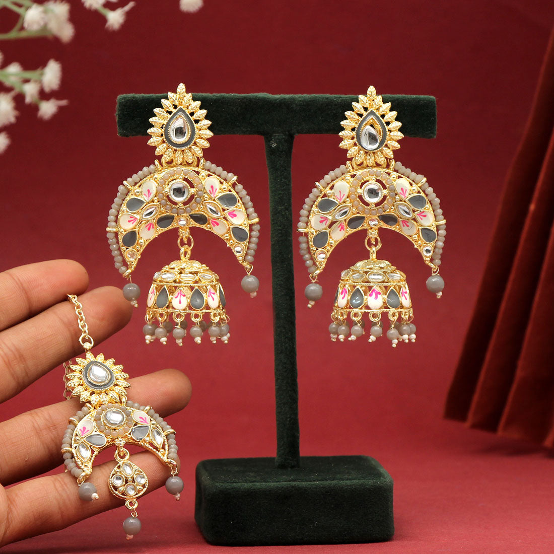 Gray Color Kundan Meenakari Earrings With Maang Tikka (KDTE473GRY)