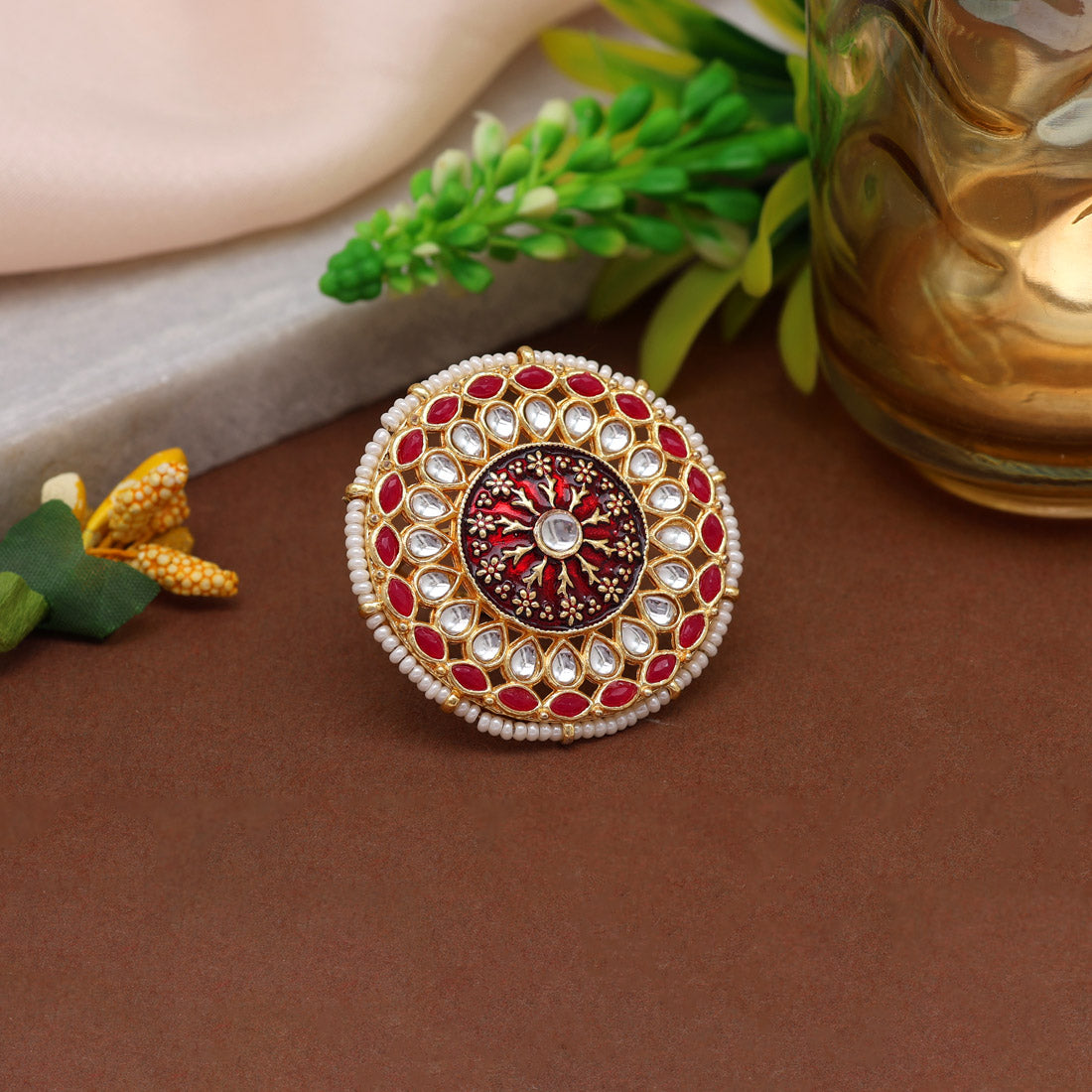 Maroon Color Kundan Meenakari Finger Ring (KMR758MRN)