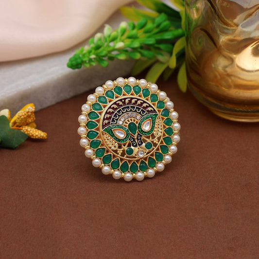 Green Color Kundan Meenakari Finger Ring (KMR759GRN)