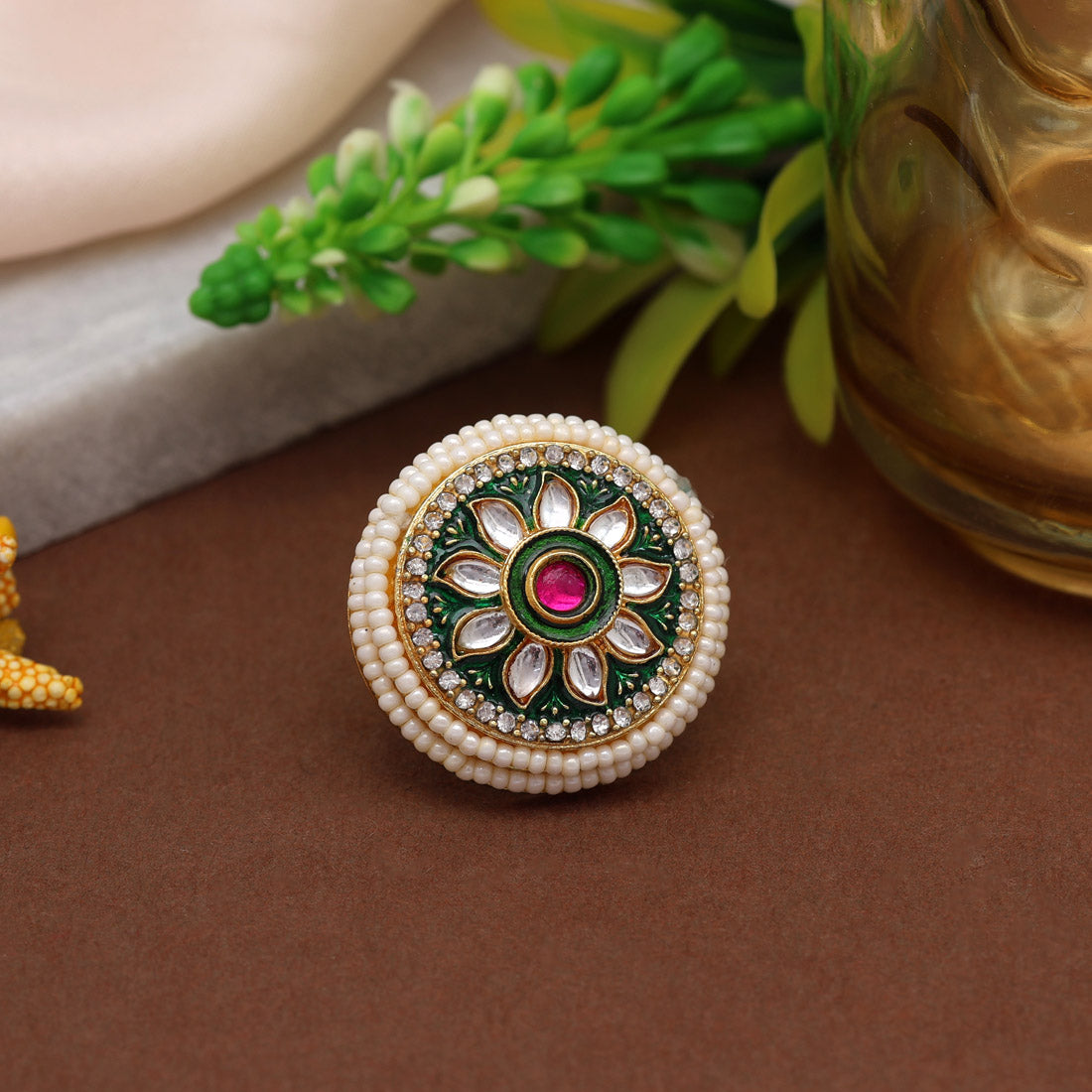 Green Color Kundan Meenakari Finger Ring (KMR761GRN)