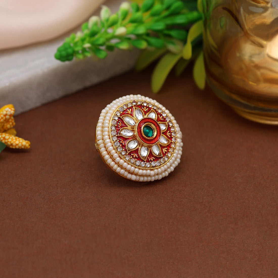 Maroon Color Kundan Meenakari Finger Ring (KMR761MRN)