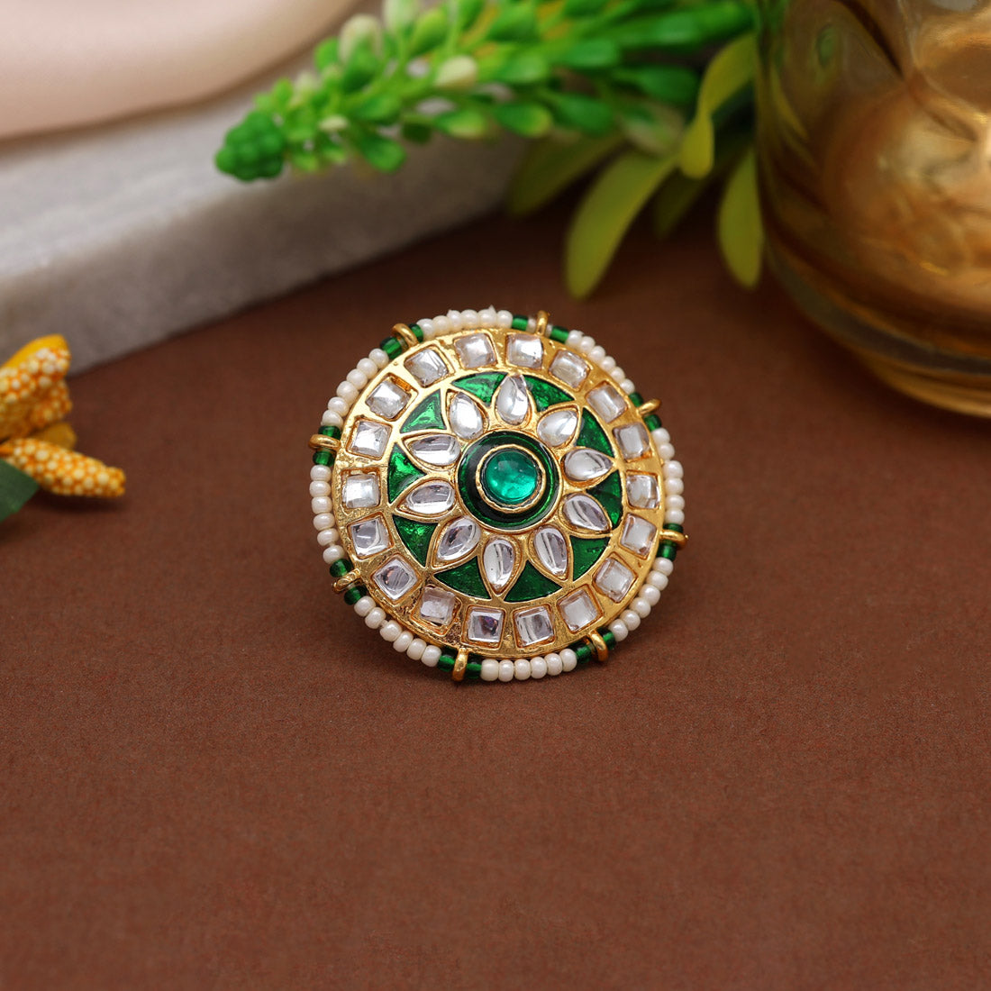 Green Color Kundan Meenakari Finger Ring (KMR763GRN)