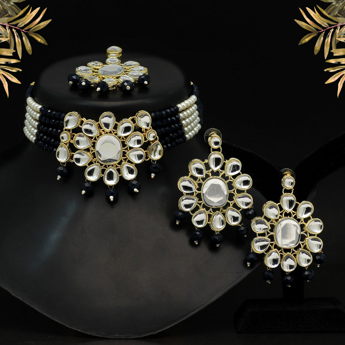 Black & White Color Choker Kundan Necklace Set (KN1194NBLU)