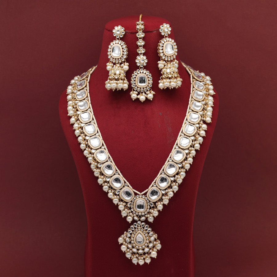 White Color Long Kundan Necklace Set (KN1344WHT)