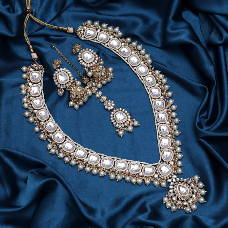 White Color Long Kundan Necklace Set (KN1344WHT)