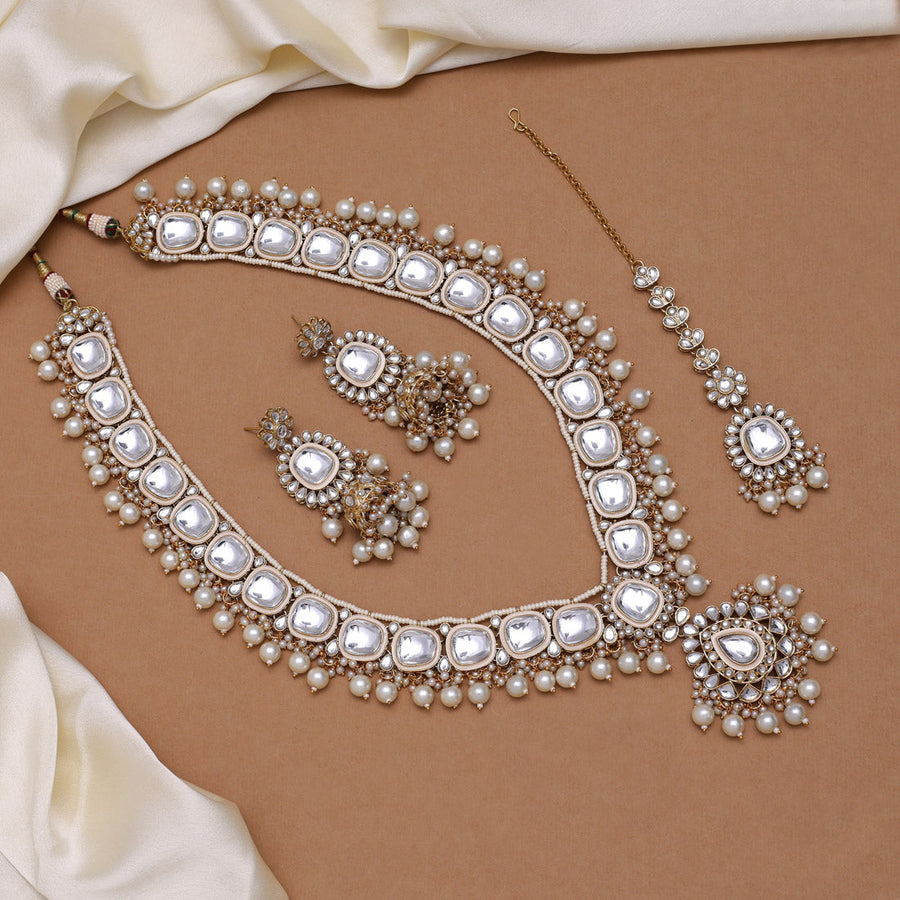 White Color Long Kundan Necklace Set (KN1344WHT)